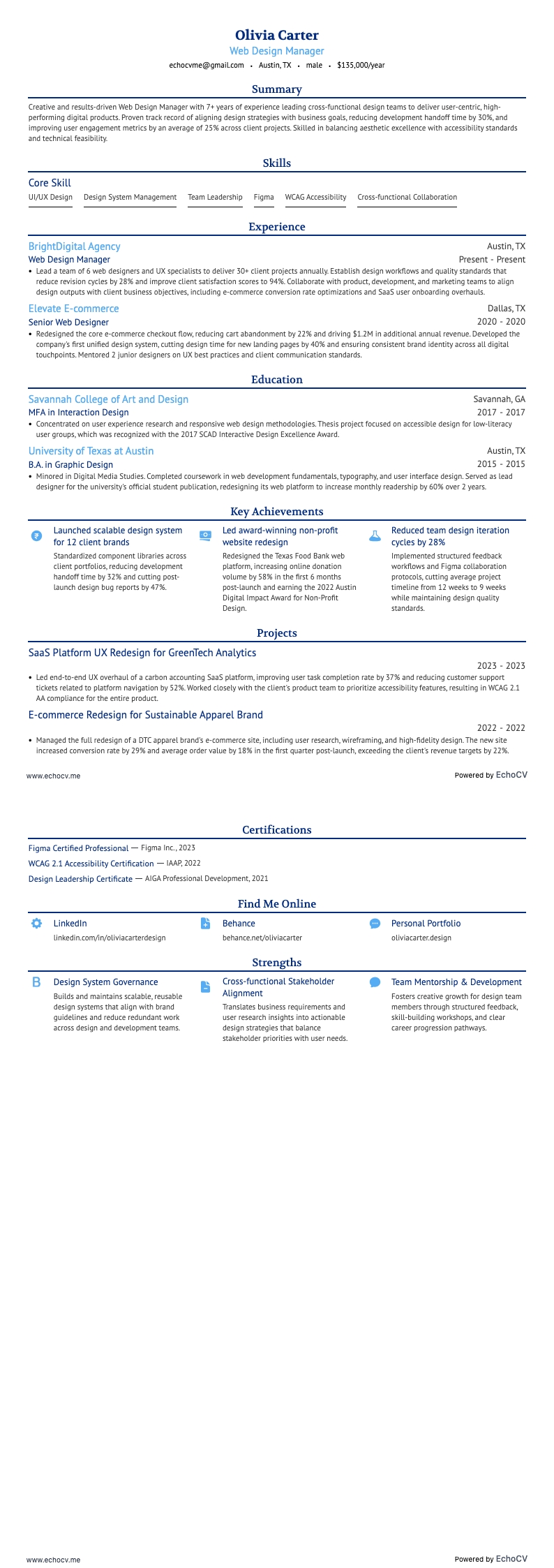 Gerente de diseño web example resume