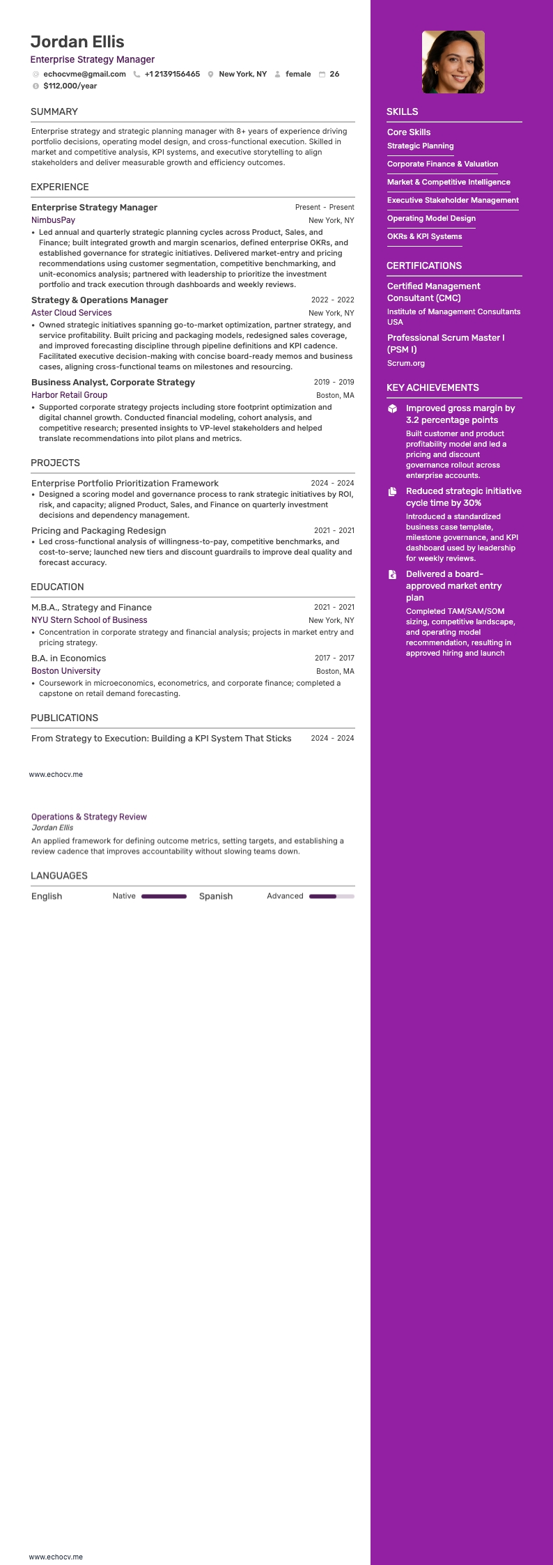 Enterprise Strategy Manager example resume