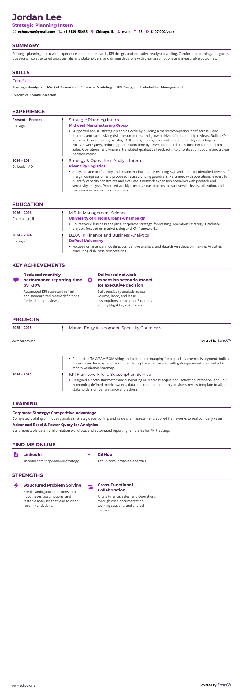 Strategic Planning Intern example resume