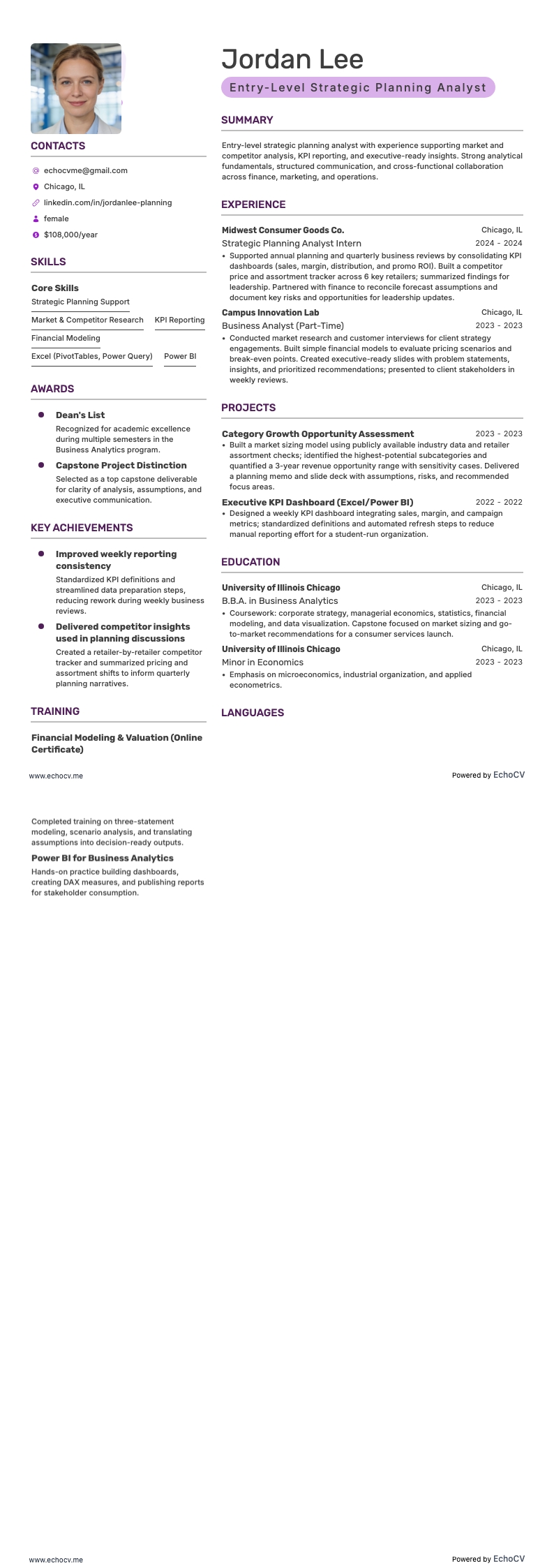 Entry-Level Strategic Planning Analyst example resume