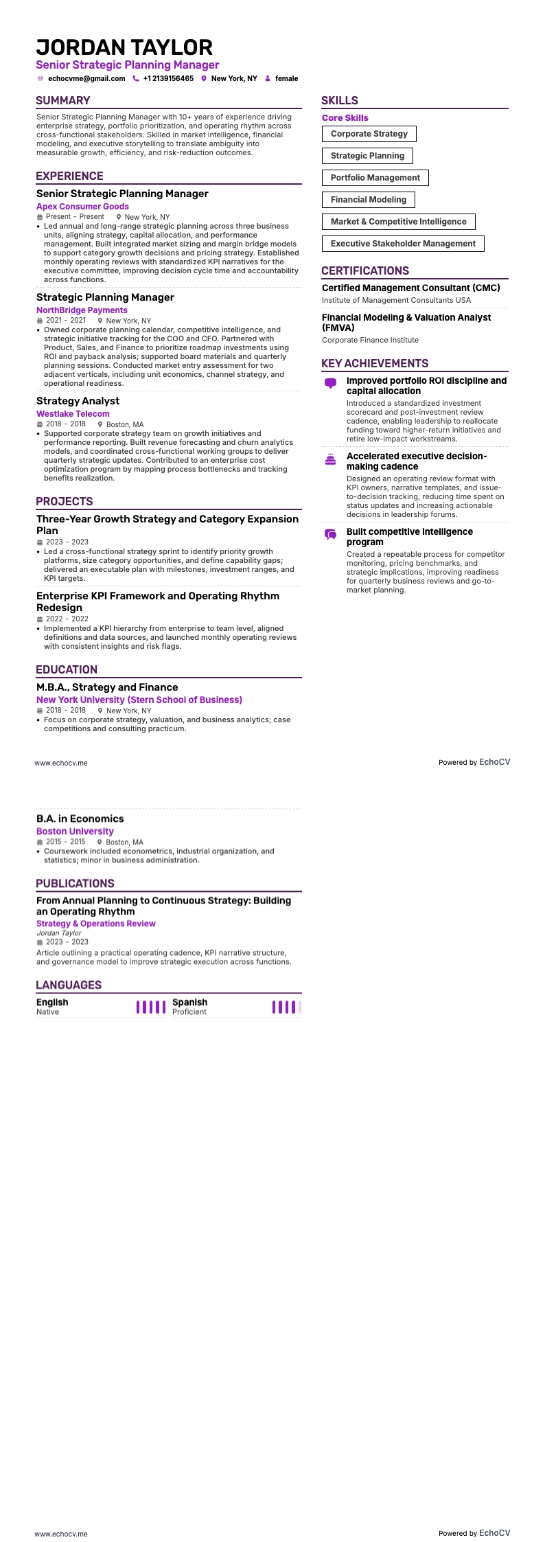 Senior Strategic Planning Manager resume example