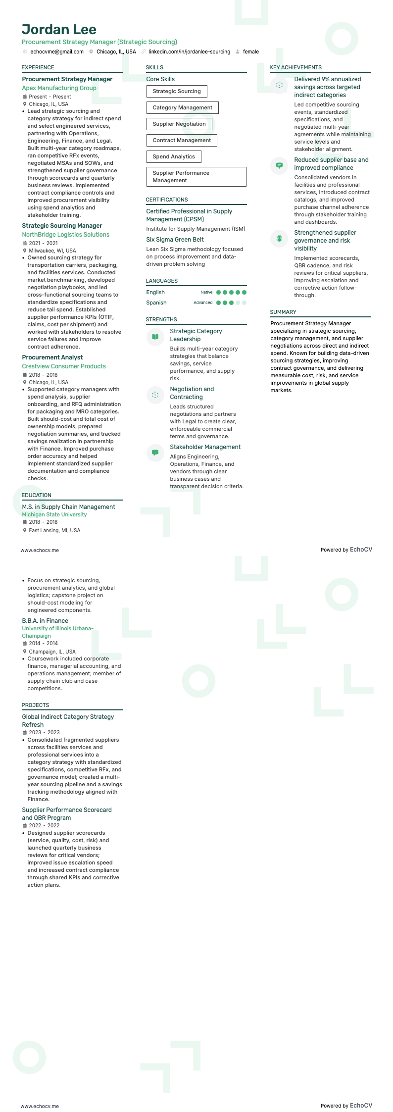 Procurement Strategy Manager example resume