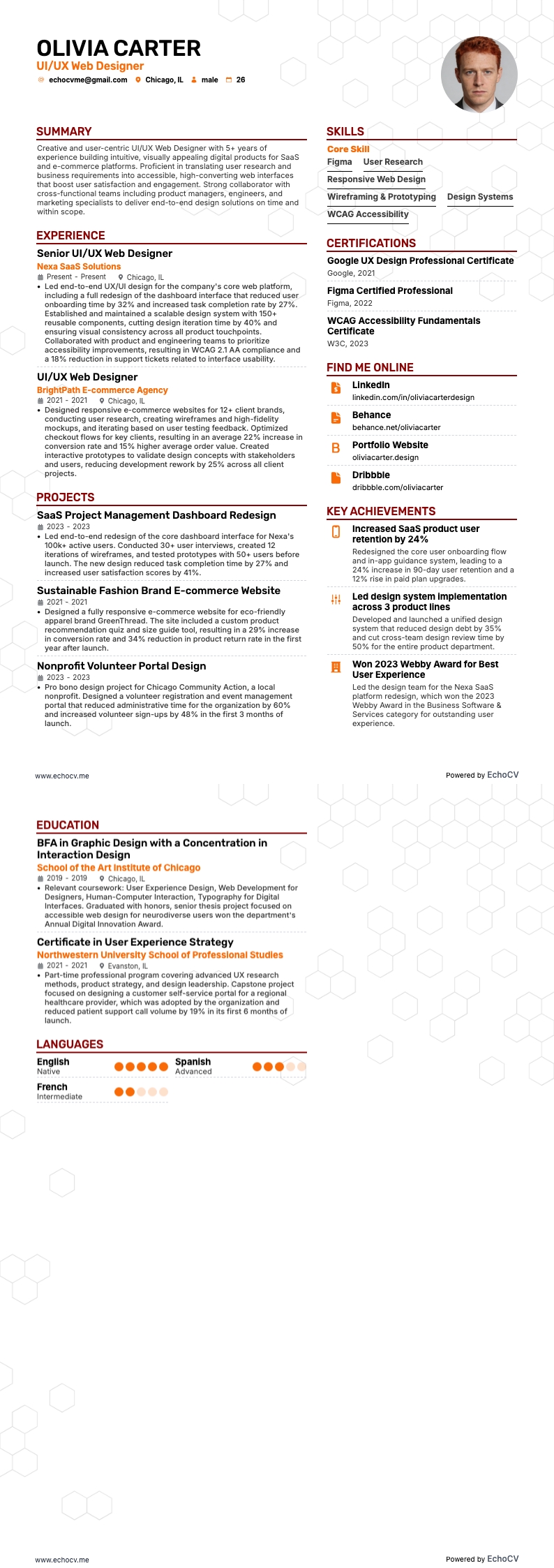 Diseñador web UI/UX example resume