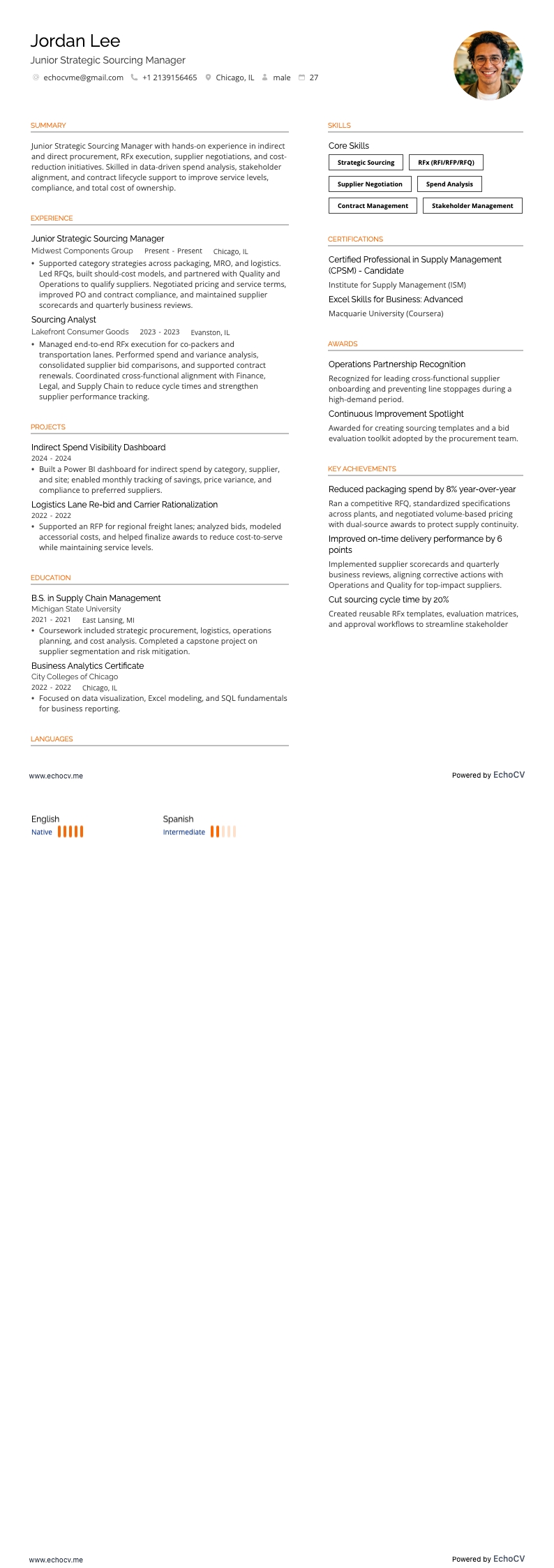 Junior Strategic Sourcing Manager example resume