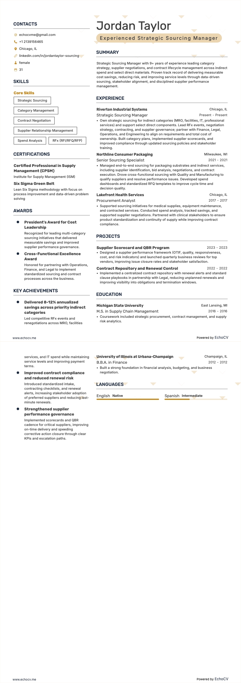 Experienced Strategic Sourcing Manager example resume