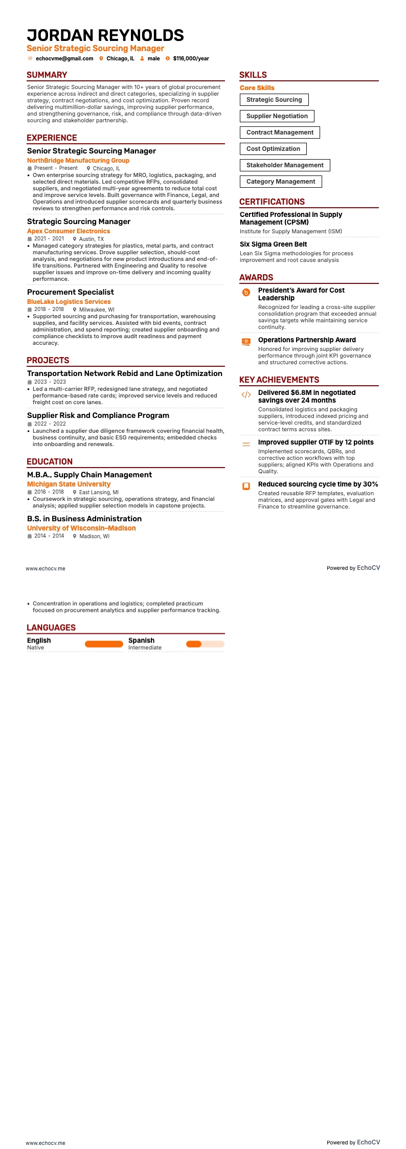 高级战略采购经理 resume example