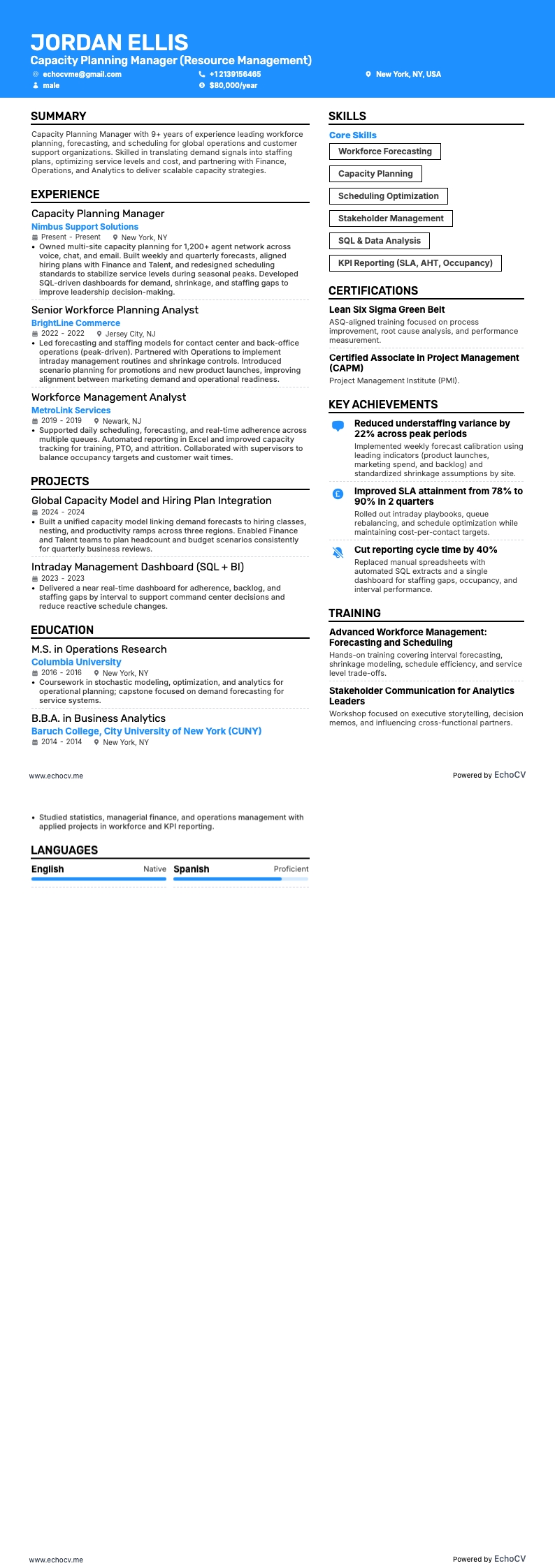 Responsabile della pianificazione della capacità resume example