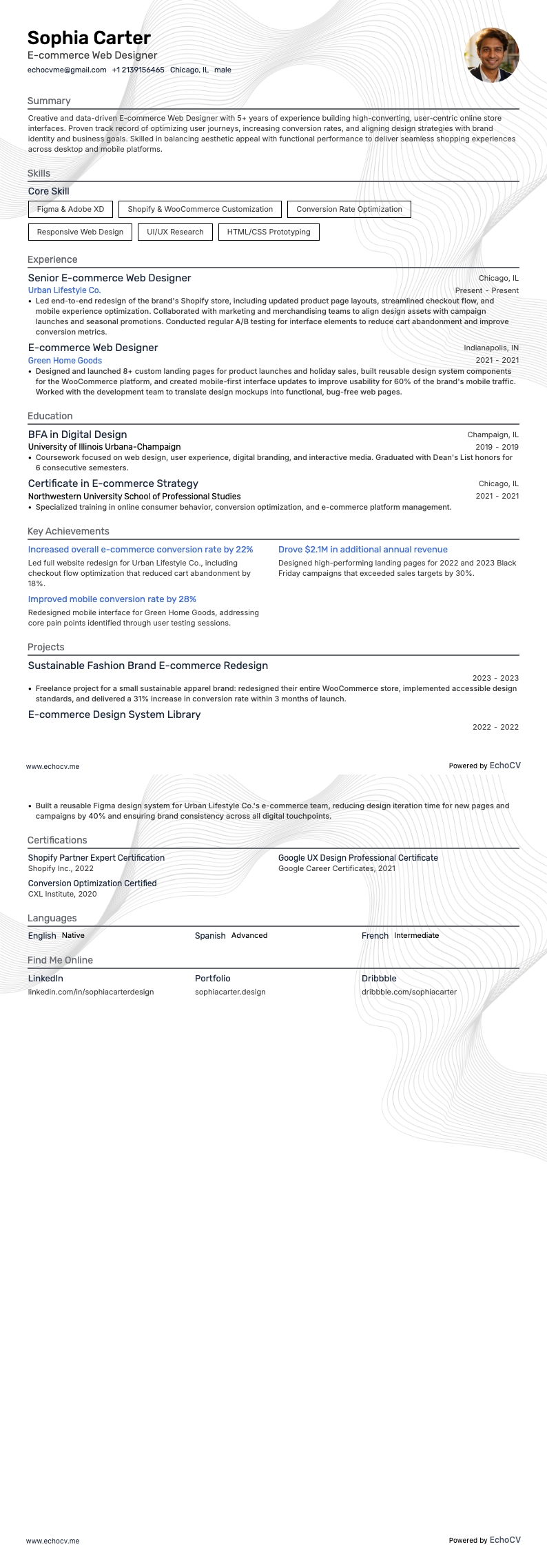 Diseñador web de comercio electrónico example resume