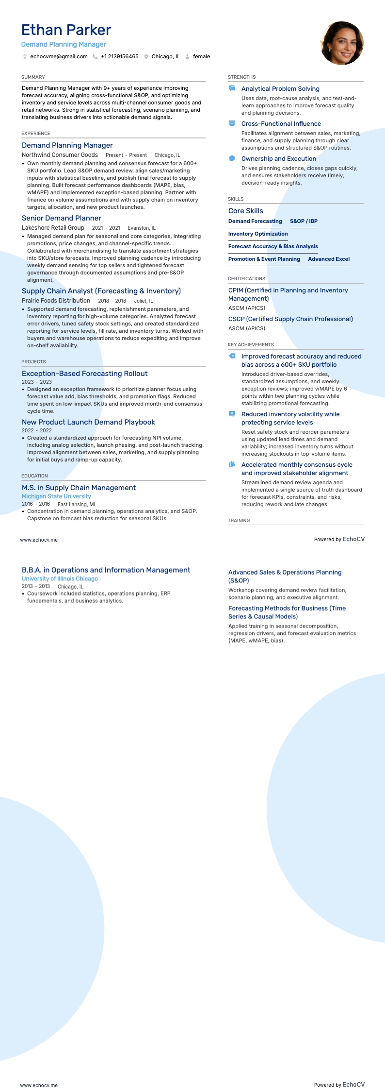 Demand Planning Manager example resume