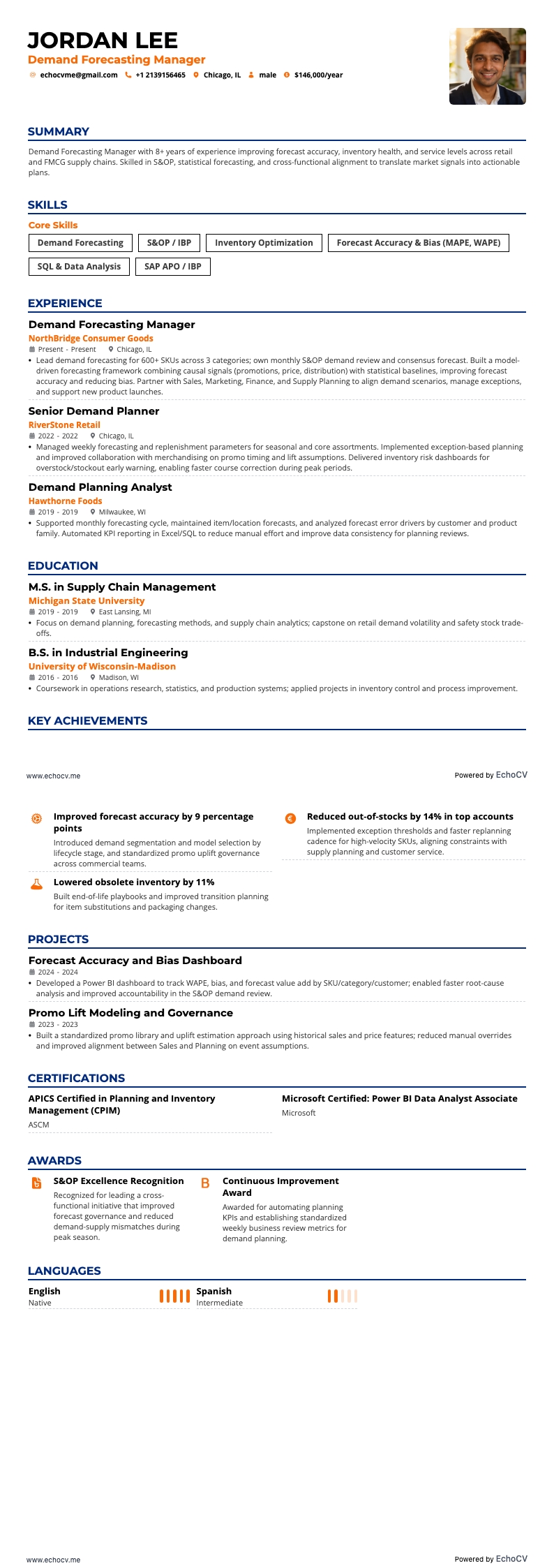 Demand Forecasting Manager example resume