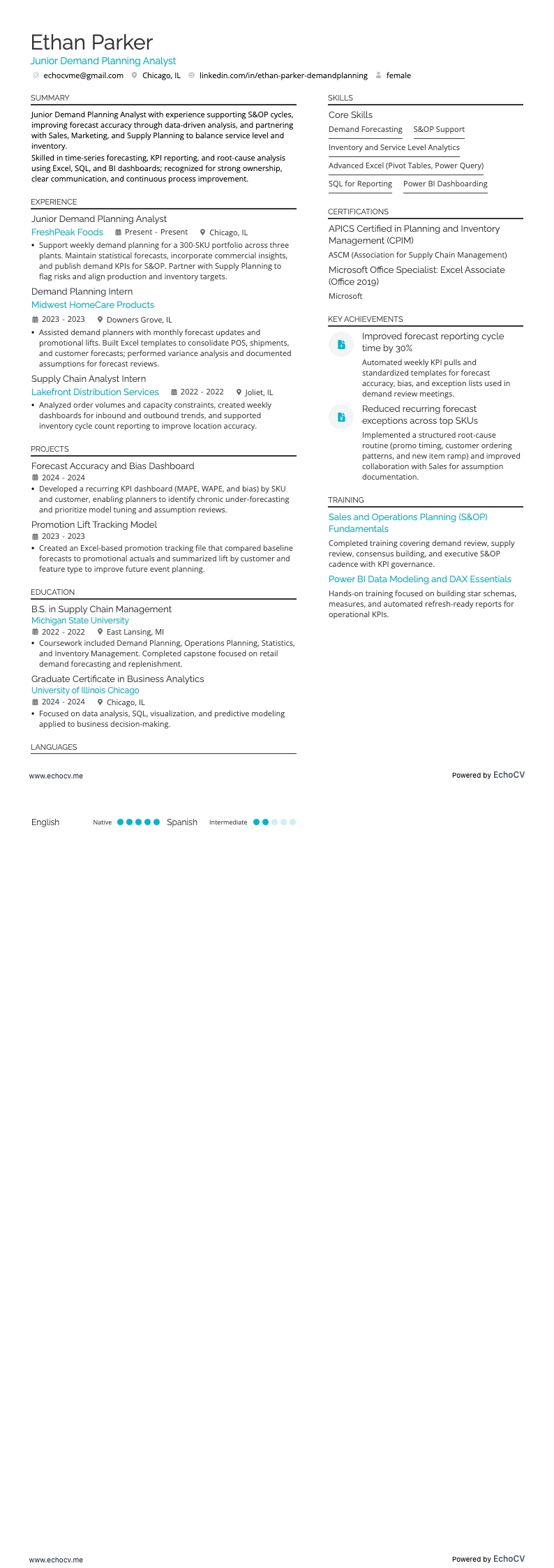 Junior Demand Planning Analyst example resume