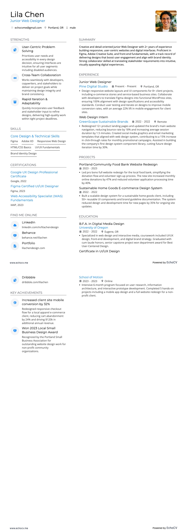 Diseñador web junior example resume