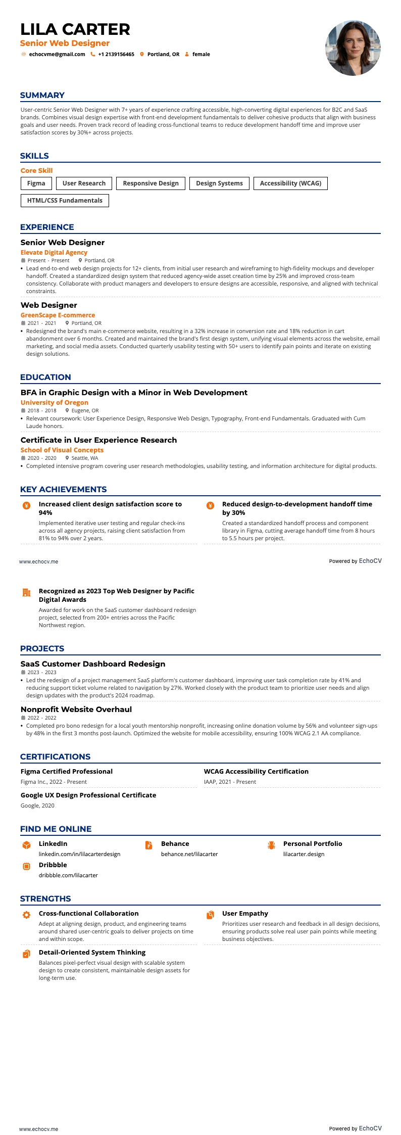 Diseñador web sénior example resume