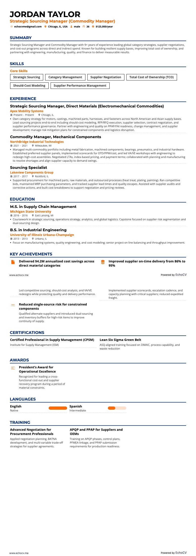 Strategic Sourcing Manager example resume
