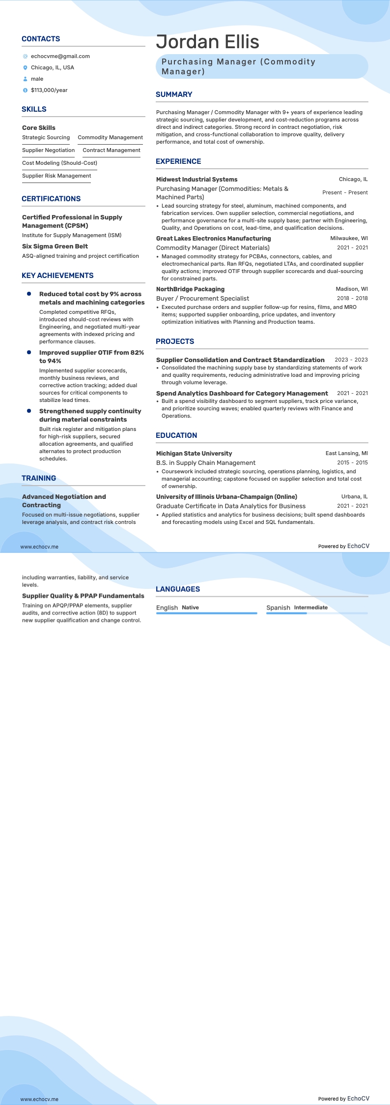 Purchasing Manager example resume