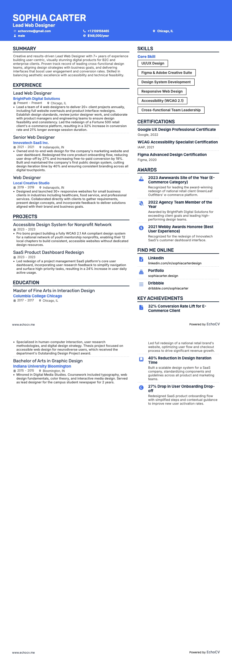 Diseñador web principal example resume