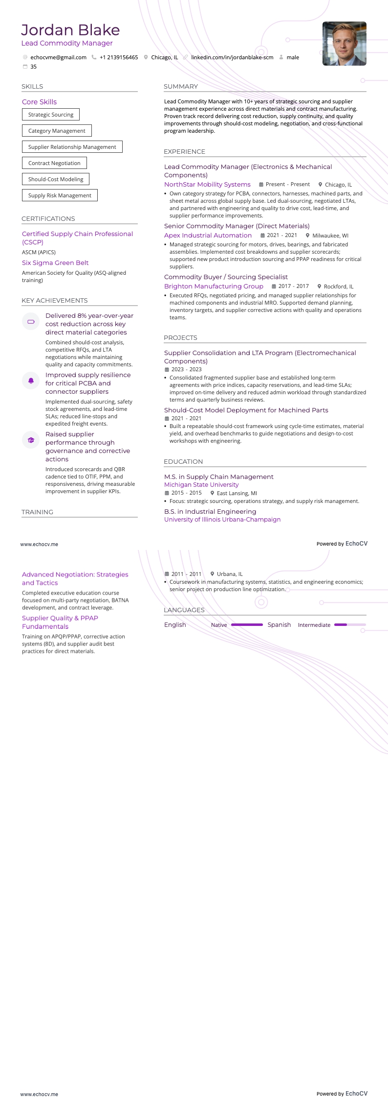 Lead Commodity Manager example resume