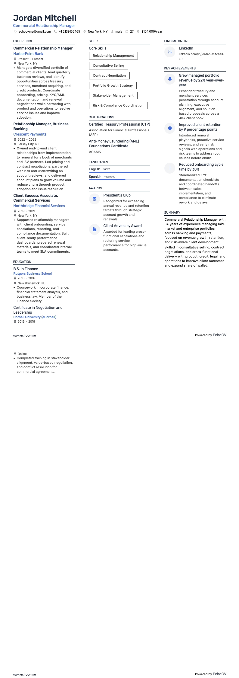 Commercial Relationship Manager example resume