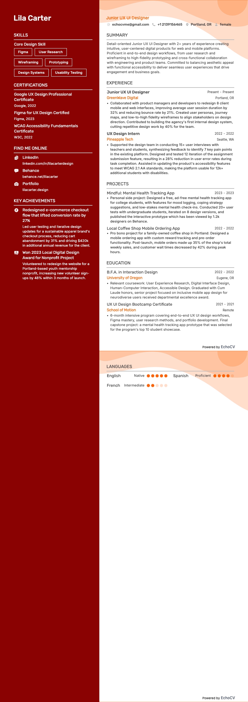 Nhà thiết kế UX/UI Junior example resume