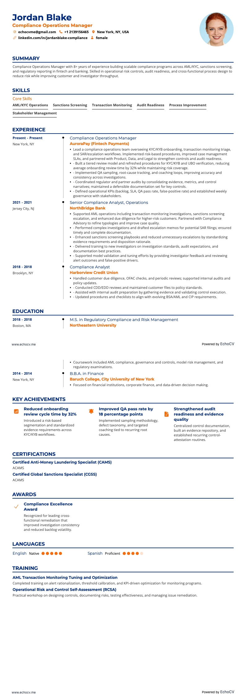 Compliance Operations Manager example resume