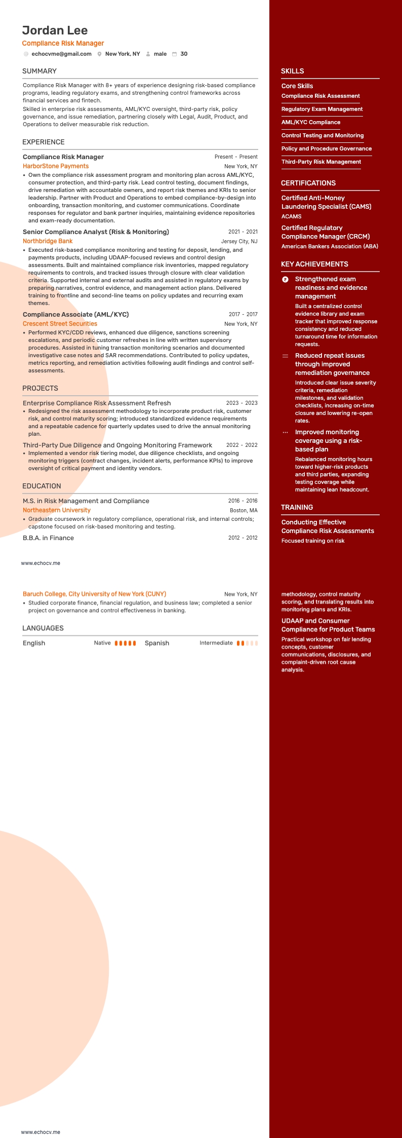 Compliance Risk Manager example resume