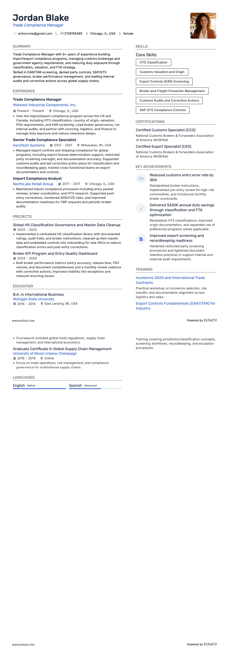 Trade Compliance Manager example resume