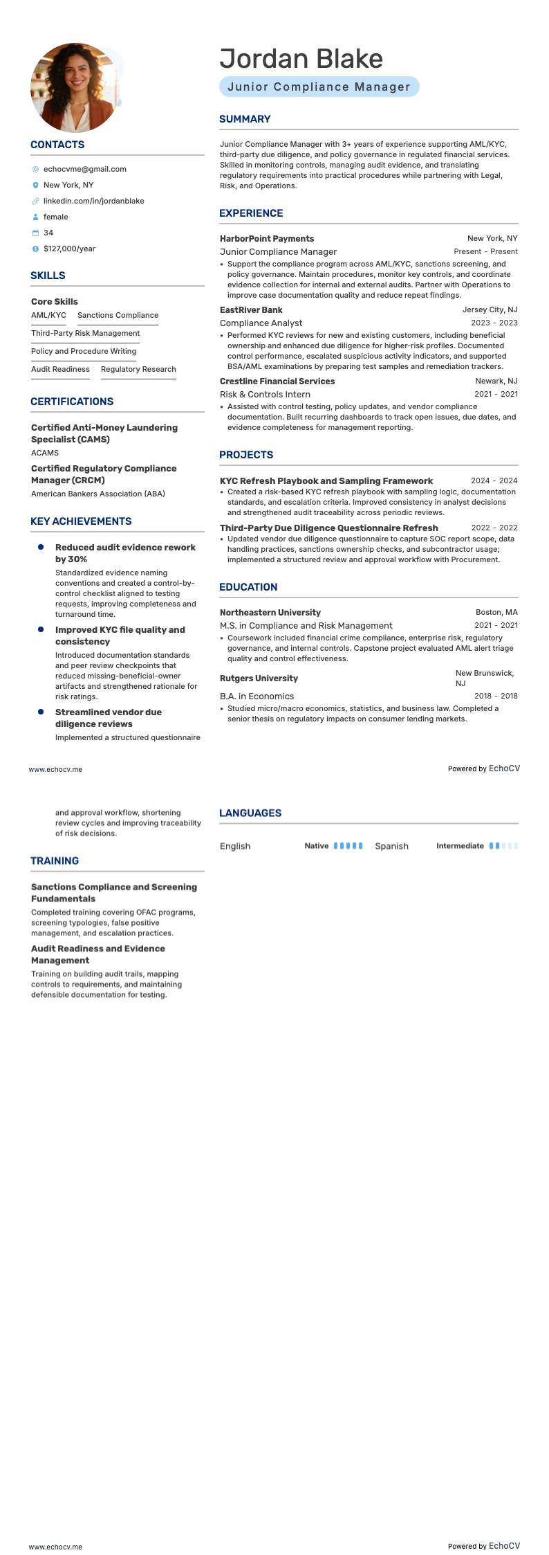 Junior Compliance Manager example resume