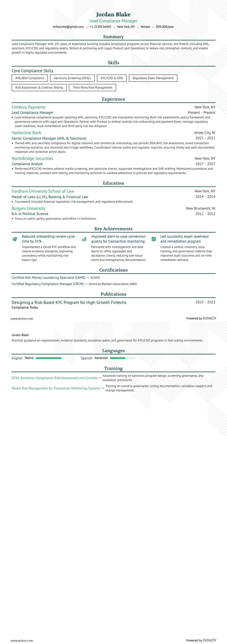 Lead Compliance Manager example resume
