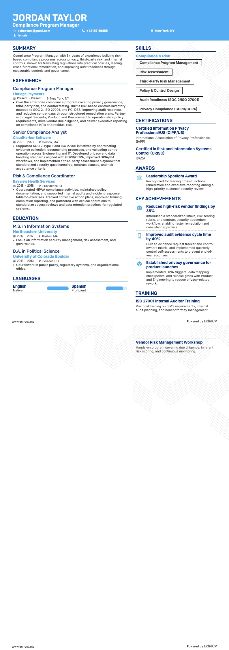 Compliance Program Manager example resume