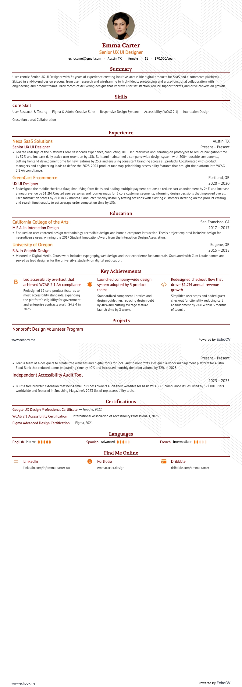 Nhà thiết kế UX/UI cấp cao example resume