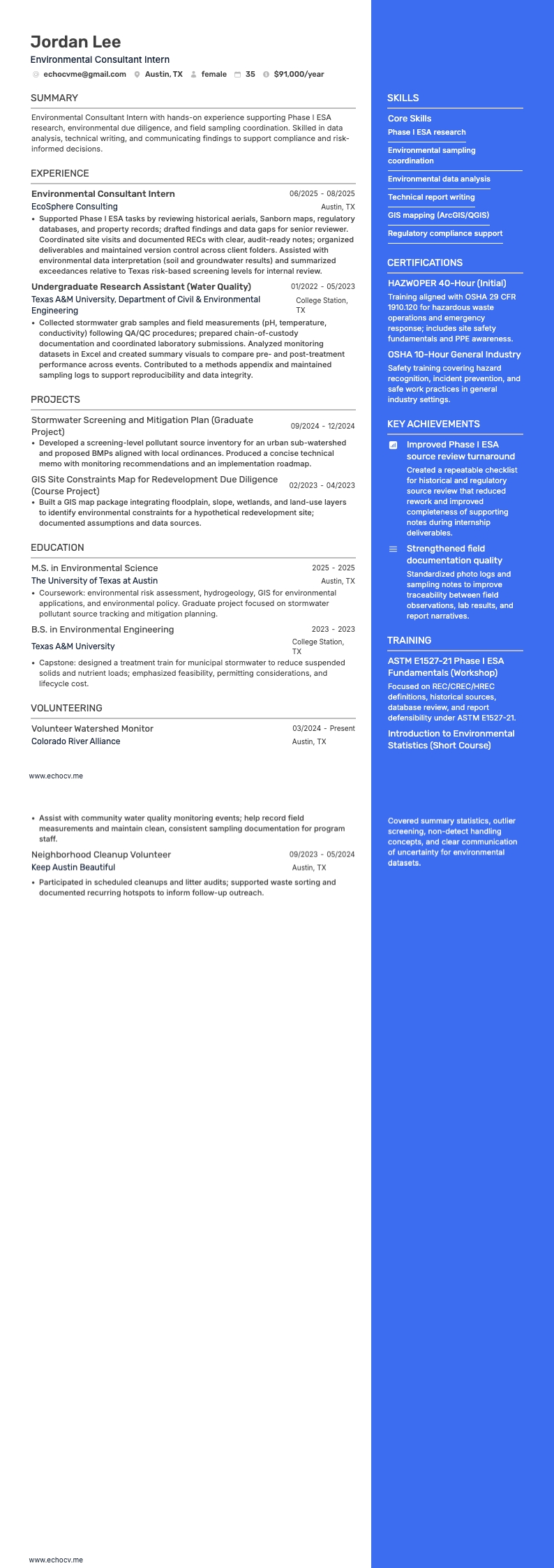 Praktikant inom miljökonsulting example resume