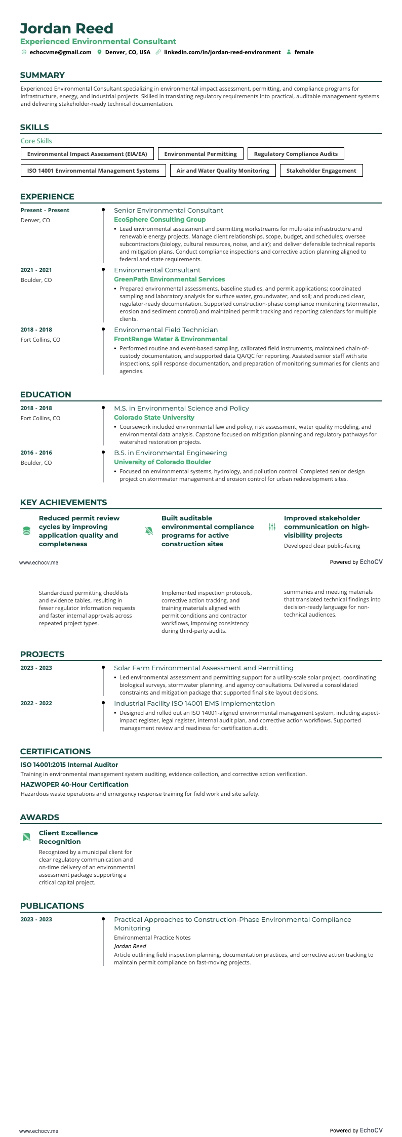 Erfaren miljökonsult example resume