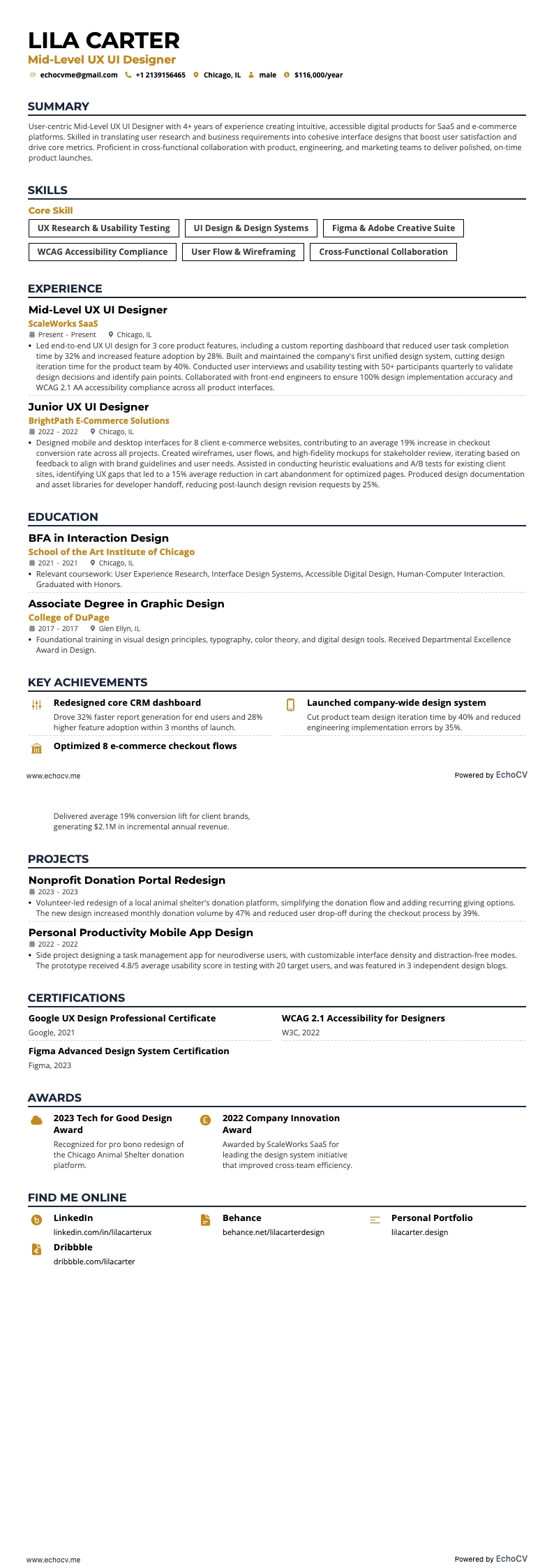 Nhà thiết kế UX/UI resume example