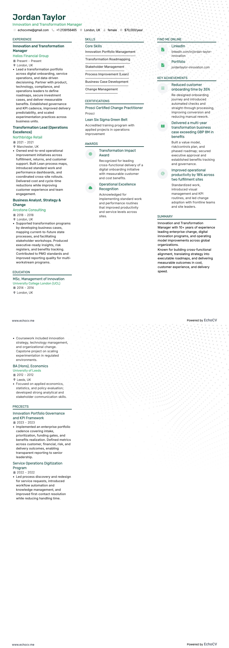 Manager de l'innovation et de la transformation example resume