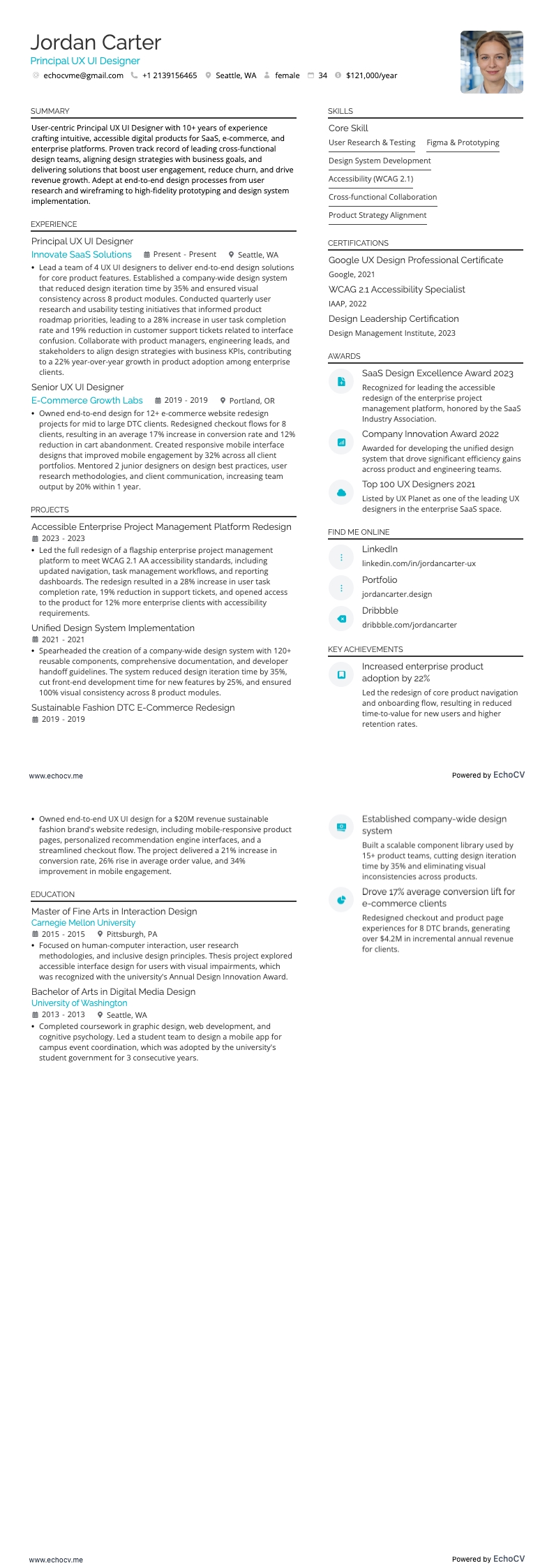 Nhà thiết kế UX/UI chính example resume