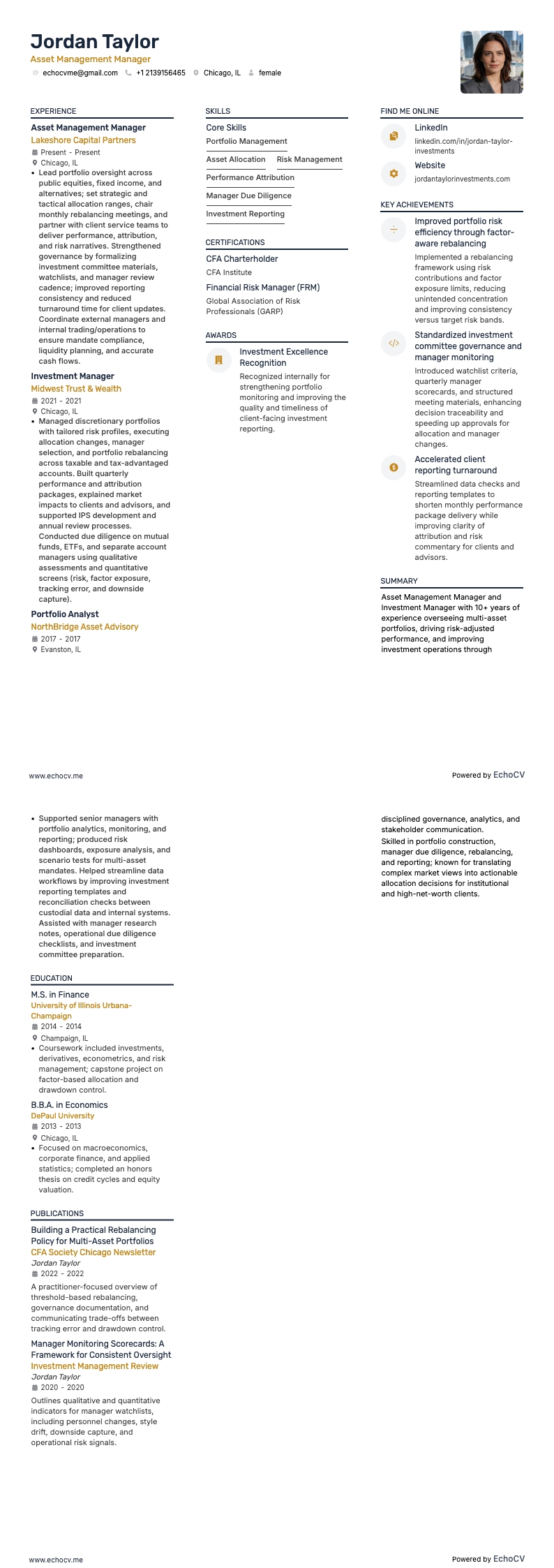 Asset Management Manager example resume