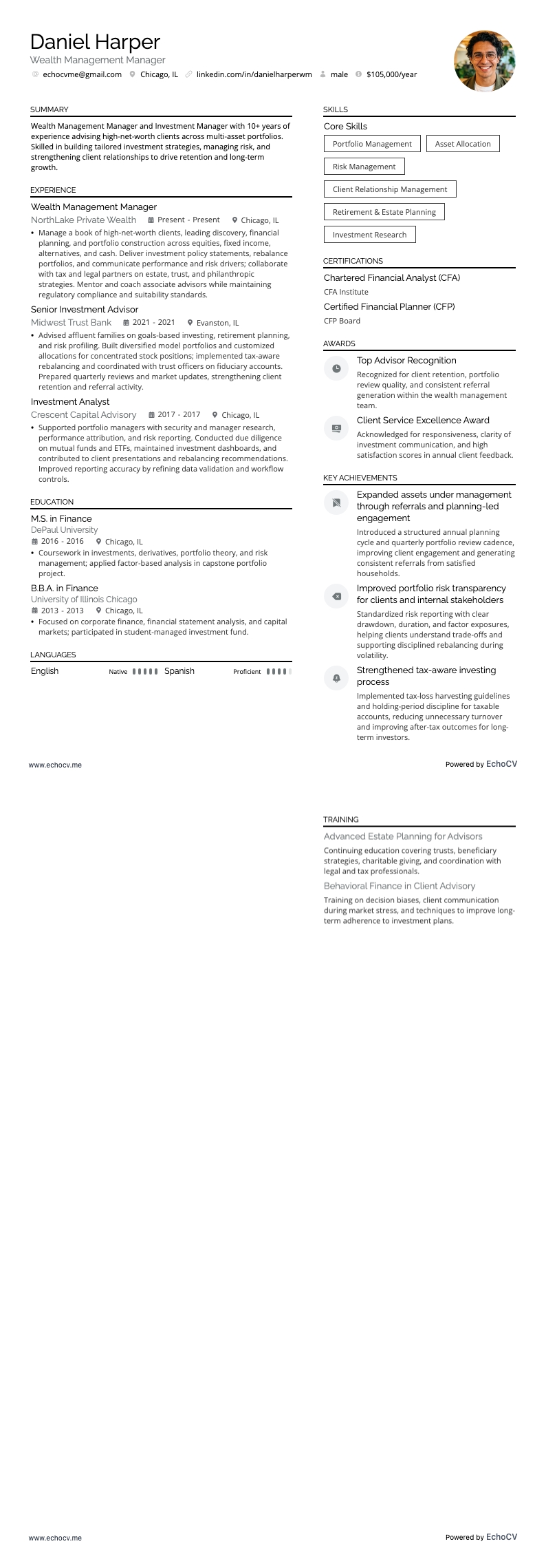 Wealth Management Manager example resume