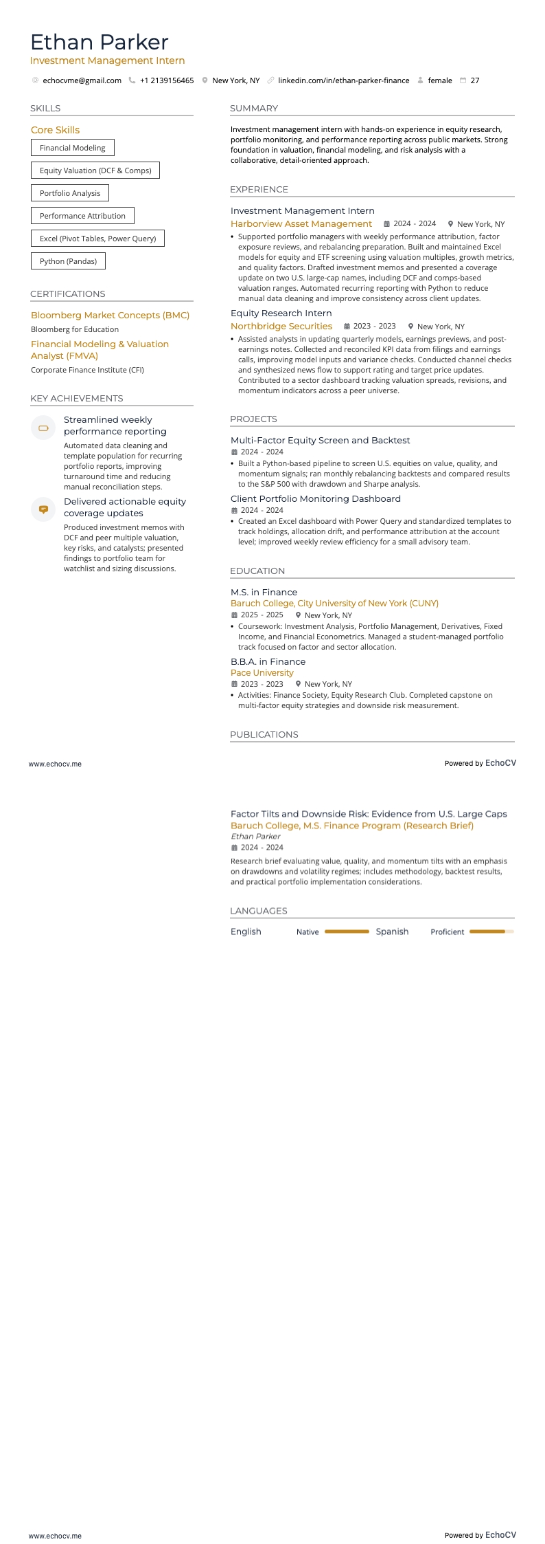 Investment Management Intern example resume