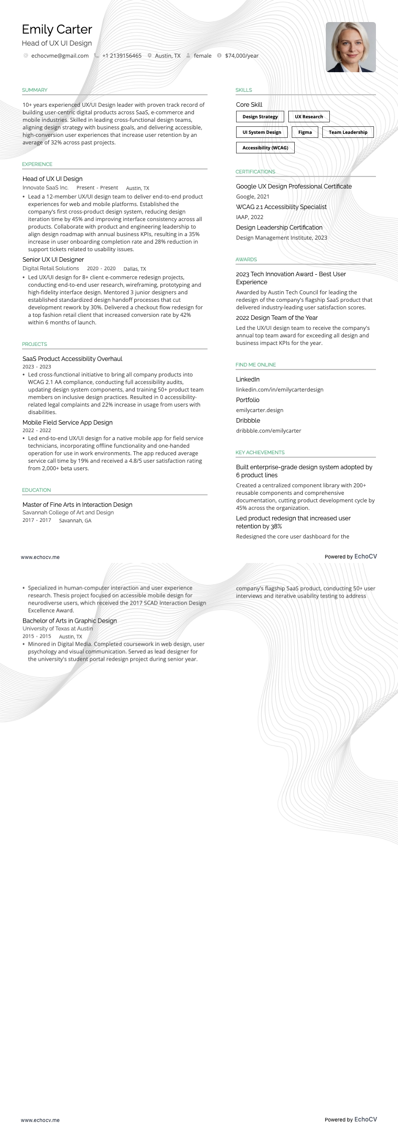 Trưởng bộ phận thiết kế UX/UI example resume