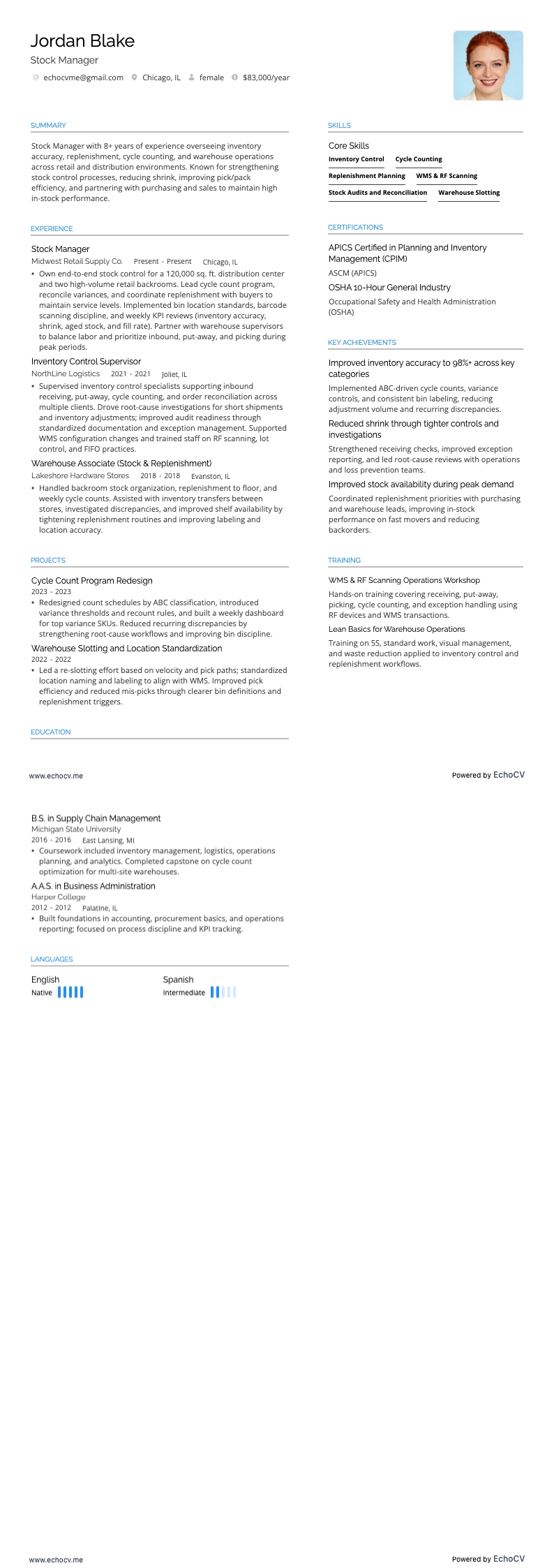 Stock Manager example resume