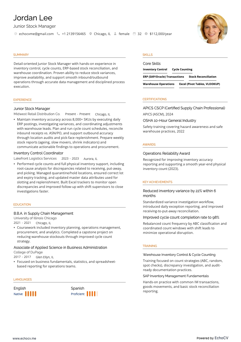 Junior Stock Manager example resume