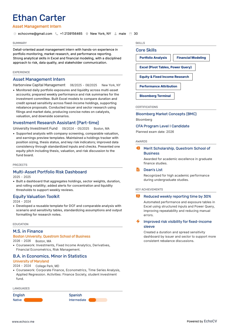Asset Management Intern example resume
