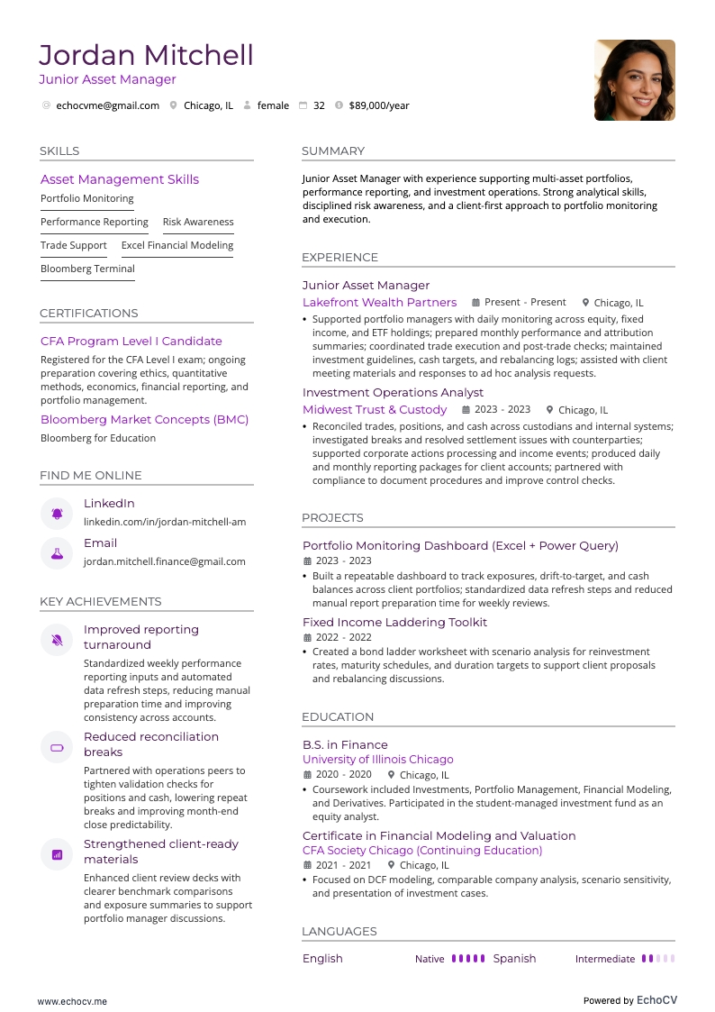 Junior Asset Manager example resume