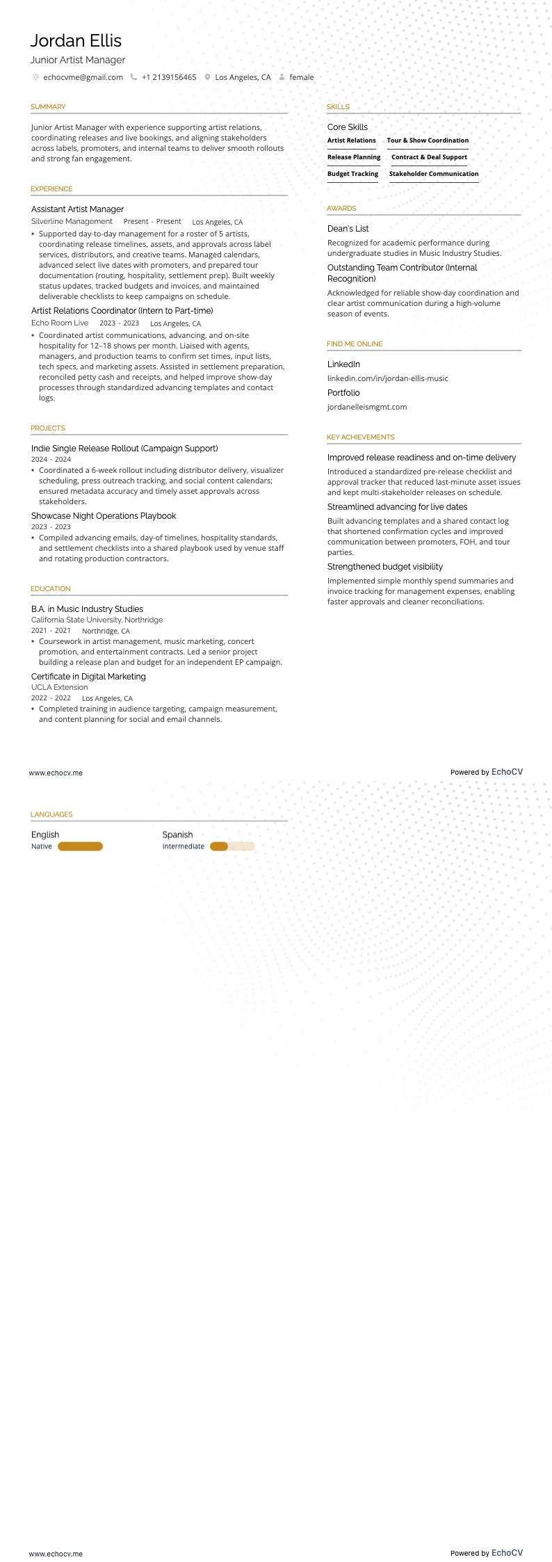 Responsable junior des artistes example resume