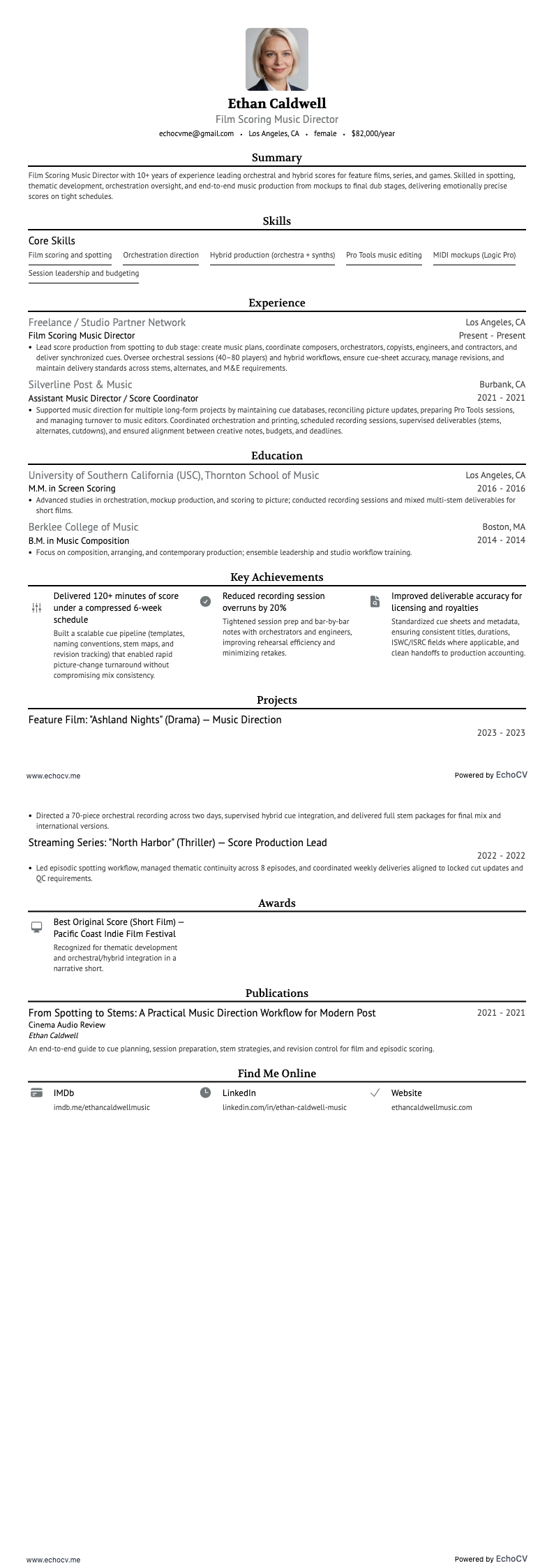 音楽監督 resume example