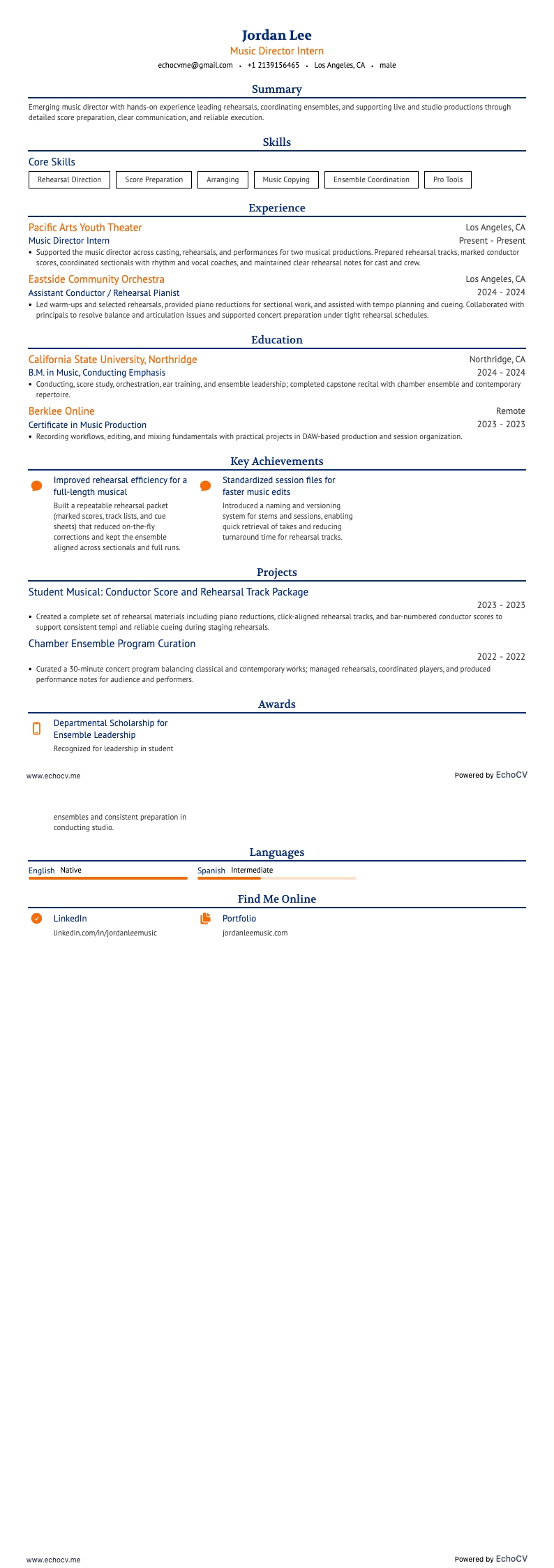 音楽ディレクターインターン example resume