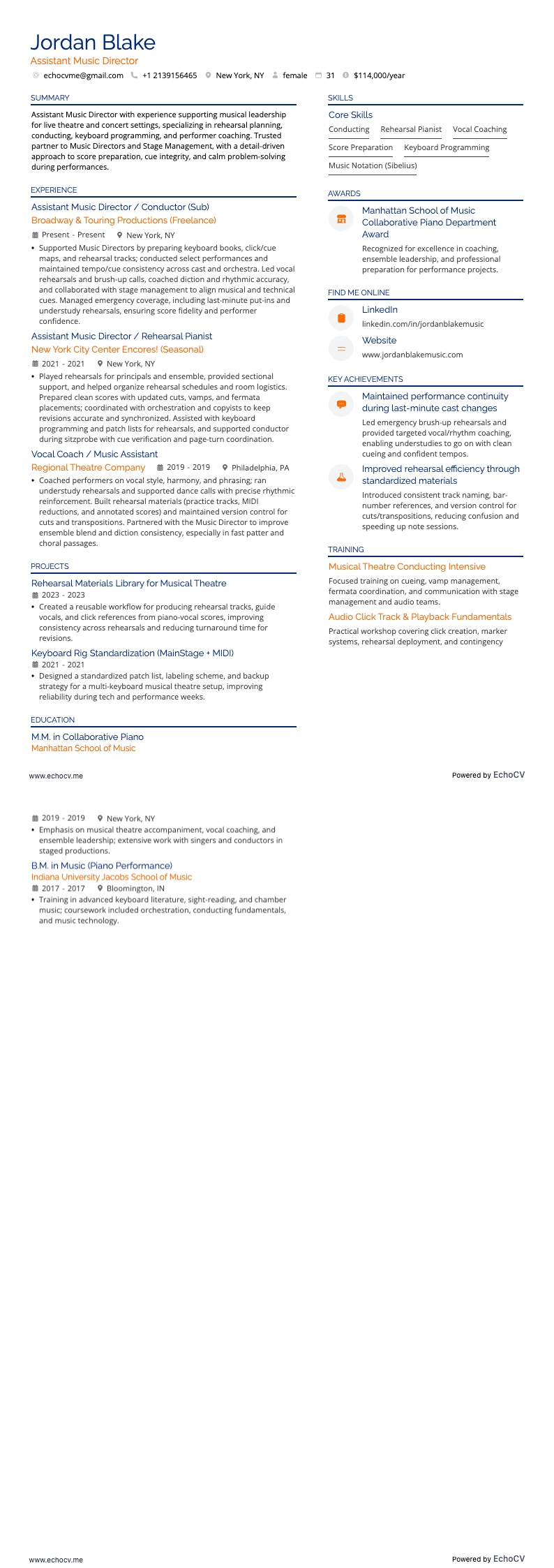 アシスタント音楽監督 resume example