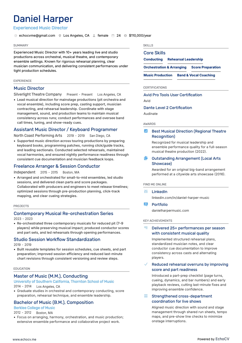 経験豊富な音楽監督 example resume