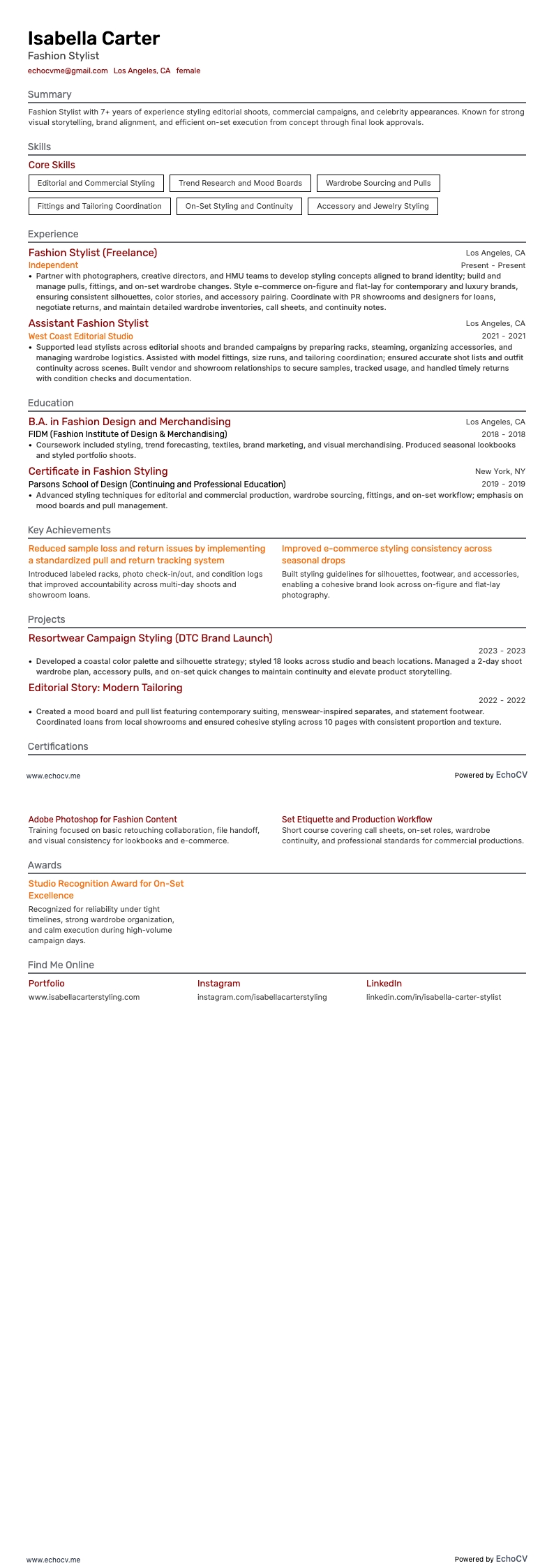 Stylist de moda example resume