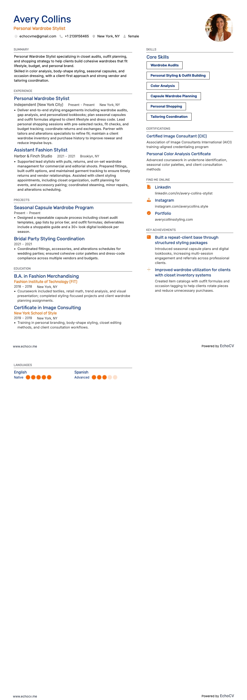 Stylist de guarda-roupa pessoal resume example
